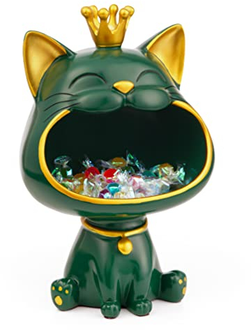 Efugadeng Lachende Katze Statue Figuren Lagerung Box，Katze Schmuck Schlüssel Aufbewahrungsbox，Schmuck Tablett, Große Katzen-Skulptur-Statuegeeignet für Zuhause, Büro-Dekoration (Grün, M)