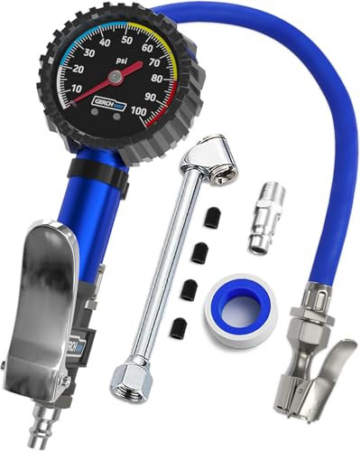 Tire Pressure Gauge with Inflator and Longer Hose - Most Accurate, Heavy Duty Air Chuck with Gauge for Air Compressor Tire Inflator Attachment - 100PSI