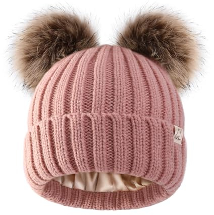 Hat Hut Berretto Bambino Invernale Foderato in Raso per Capelli, Bambini Caldo Cappello a Maglia Pompon Morbido Beanie per Ragazzi Ragazze (IT, Testo, Taglia Unica, B3-Rosa 2 Poms)