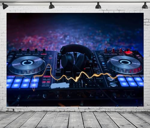 CORFOTO 7x5ft Fabric Dj Mixer with Headphones Backdrop Photography Dj Sound Equipment in Dark Background Musical Dance Disco Party Decorations Live Concert Stage Photoshoot Booth Studio Props