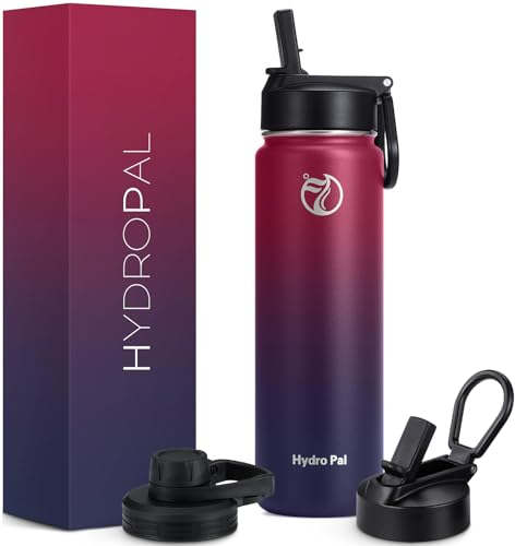 HydroPal Edelstahl Trinkflasche - 750ml, 1L, 1,2L, BPA-Frei, Kohlensäure geeignet, Isolierte flasche mit Strohhalm & 2 Deckel, Auslaufsichere Isolierflasche für Sport (Rot/Schwarz, 750 ml)