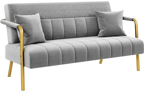 Yaheetech 2 Seater Modern Sofa Velvet Fabric Loveseat with Gold-tone Metal Arms and Legs for Bedroom, Home Office, Studio, Living Room Furniture Light Gray