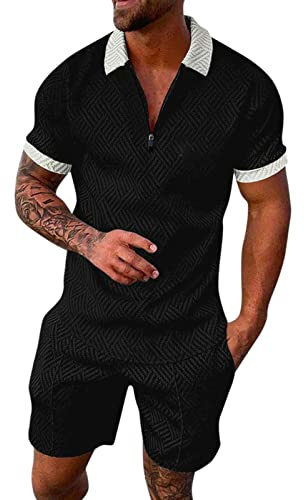 Générique Homme Ensemble Short + Tee Shirt à Manches Courtes Couleur Unie Homme Sportswear 2 Pièce Sets Été Survêtement Jogging Hommes Mode T-Shirt et Shorts avec Poche