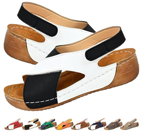 ZPLMIDE Sandales orthopédiques à talon incliné ultra confortables pour femme, sandales orthopédiques à plateforme compensée d'été 2024 avec soutien de la voûte plantaire, noir/blanc, 36 EU