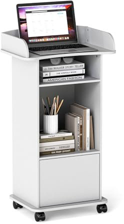 Rednerpult & Podien, tragbarer mobiler Holzrednerpult, Empfangstisch mit verstellbarer Ablage und feststellbaren Rädern, Rednerpultständer für Kirchen, Konferenzschule, Weiß