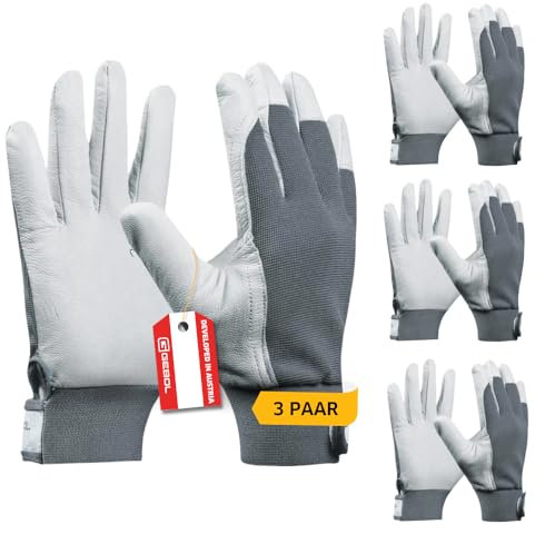 Gebol Uni Fit Comfort, 3 Paar Arbeitshandschuhe aus hochwertigem Leder, Handschuhe Herren für Bau, Mechanik & Garten, elastischer Bund & Klettverschluss, Sicherheitshandschuhe Gr. L/9, Weiß/Grau