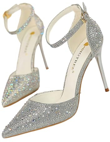 ticticlily Donna Scarpe con Tacco Alto10 cm Estive Eleganti Décolleté Tacchi con Strass Scintillanti Cintura alla Caviglia A Argento 36 EU