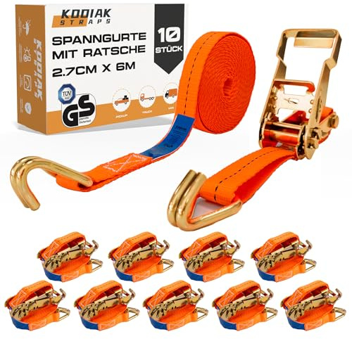 10 Cinghie di Tensione 6m x 1500kg con Cricchetto e Ganci - Cinghie a Cricchetto da 27mm - Cinghia Arancione per la Sicurezza del Carico - Certificato TÜV/GS e secondo DIN EN 12195-2 - KODIAK STRAPS