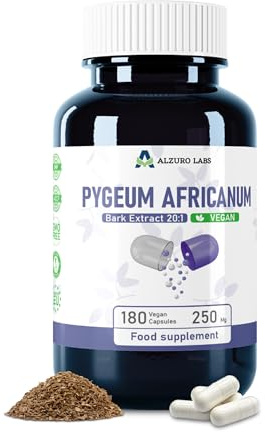 Alzuro Labs Pygeum Africanum 250 mg | 180 Cápsulas Veganas | 13% Fitoesteroles | Soporte Potente para la Salud Prostática y Urinaria | Probado por Laboratorio Externo | Certificado GMP
