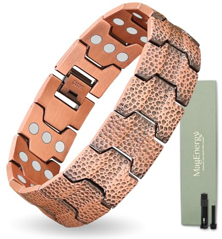 MagEnergy Copper Bracelet for Men, 3X Strength Magnetic Bracelet with 3800 Gauss Magnets, Hammered Design&Patent Pending, Adjustable Length with Sizing Tool