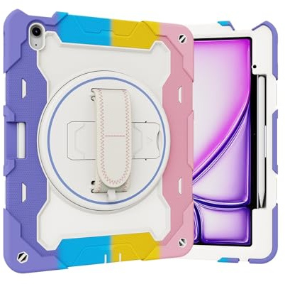 HUAUQAN Custodia per iPad Air 13 pollici M3 2025/M2 2024, custodia resistente antiurto per bambini con cavalletto robusta custodia protettiva con cinghia da polso per il trasporto (rosa)