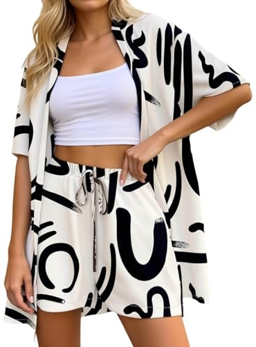 Kluantou Mono para mujer, cuello en V, aspecto envolvente, manga vuela, pelele tropical de pierna ancha, mono corto, informal, suelto, conjunto de 2 piezas, traje de vacaciones hawaiano, camisas y
