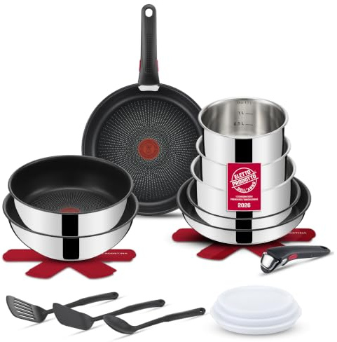 Lagostina Ingenio Inox, Set 20 Pezzi, Padelle, Wok e Tegame con Rivestimento antiaderente, Casseruole in Acciaio Inox, con Manico Rimovibile, per Tutte le Fonti di Calore, Inclusa Induzione
