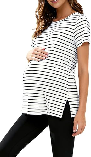 WOOXIO Women's Maternity Tops Short Sleeve Split Side Pregnancy Shirts Clothes White Navy Stripe,M
