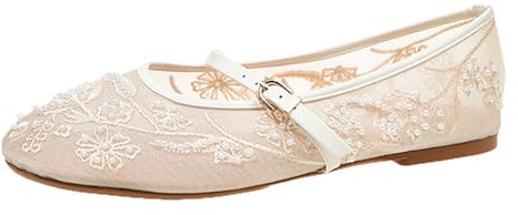 Zapatos planos de ballet bordados casuales y elegantes para mujer, con cuentas y perlas, correa de hebilla de malla, estilo Mary Jane, encaje floral, anchos, zapatos de bailarina, beige, 39 EU