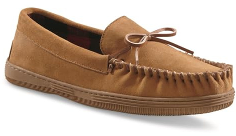 HUNTRITE Trapper Men’s Moccasins Shoes, Indoor and Outdoor Leather Slippers Tan 10D (Medium)
