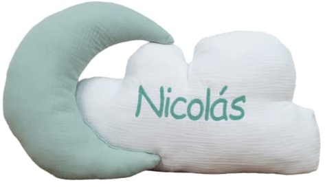 Cojines Infantiles Personalizados con Forma de Luna y Nube - Conjunto Cojines Decorativos para bebé Bordados con el Nombre - Cojines Decorativos Cuna Grabados con Nombre - Bambula - Menta - Nenel