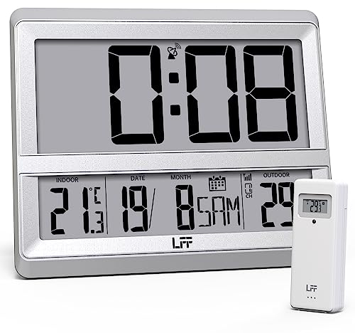 LFF Atomuhr mit Großem Display, Digitale Wanduhr mit Temperatur Datum Innen Außen, Drahtloser Außensensor, Akkubetriebene Digitale Funkuhr mit Wecker für Schlafzimmer, Leicht Ablesbar, Silber