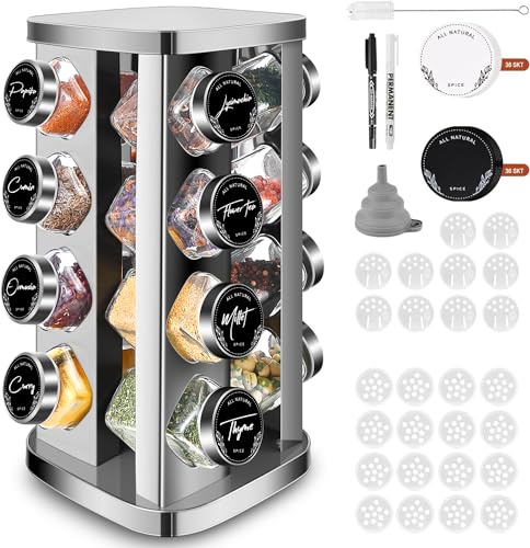 LXUDN 16 tarros de especias con estante, 360° para especias con vasos, tarros de especias rectangulares con bandeja para esparcir, juego de tarros de especias de 4 onzas, recipiente para especias…