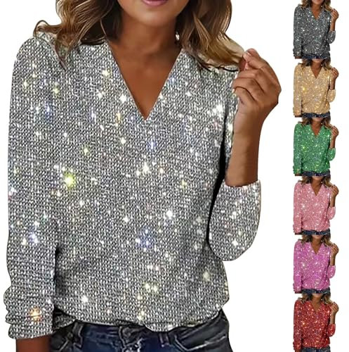 Nidddiv Women's Sequin Tunic Tops V Neck T Shirt Casual Solid Color Jumpers Long Sleeve T-Shirts Loose Ladies Blouses Sparkly Tunic Tops Glitter Tee Shirts Pullover Women UK Elegant Size S-XXL Grey