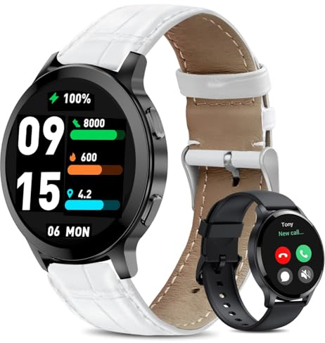 Hoaiyo Smartklocka för män kvinnor, 1.5 fitnessklocka med svar/ringa samtal, IP68 vattentät hjärtfrekvens sömnskärm 100 sportlägen, smartwatch kompatibel Android iOS (Vit/läder, 1.5)