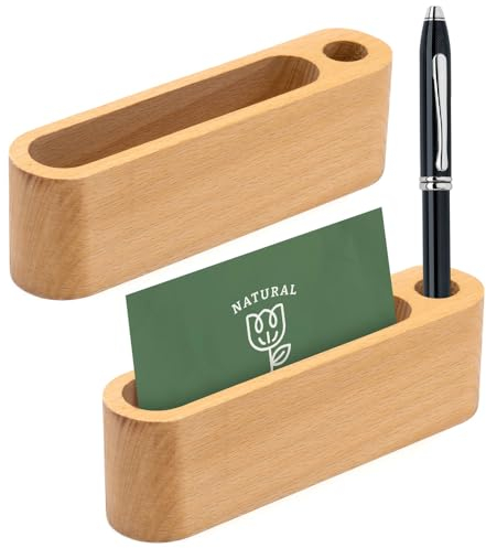 2 Stück Visitenkartenhalter Holz - Visitenkartenständer mit Stifthalter, Visitenkarten Aufbewahrung, Business Card Holder für Die Präsentation von Visitenkarten, Unternehmenskarten, Visitenkarten