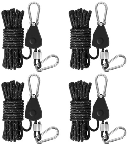 Reflektierend Abspannseile Seil 4 Stück Einstellbare Seil Ratsche 13ft/4M mit Seilspanner, Rope Seilratsche mit Haken Ø 4mm Abspannseile Camping Zeltschnur mit Spanner, Zelt Zubehör Schwarz