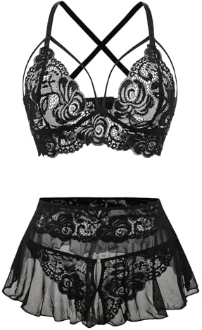 Foxiny Sexy Lingerie Set 3 Piece Women Outfit Bra with Thong Black M