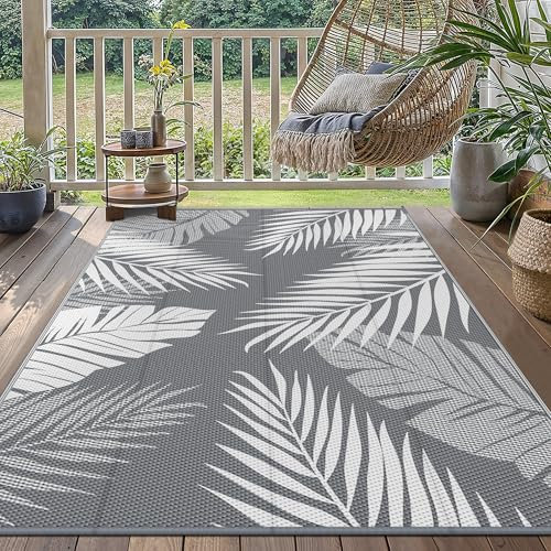 GENIMO Outdoor Rug 120x180cm – Waterproof Reversible Garden Carpet, UV Resistant, Washable Patio Mat for Backyard, Picnic, Balcony, RV, Grey & White