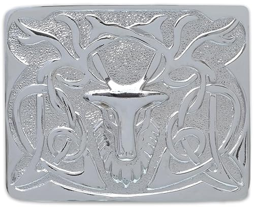 Scottish Stag Head Kilt Belt Buckle Antique Silver Finish - Traditional Highland Celtic Accessory For Men - Made of Pewter (Chrome Finish)