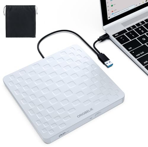 ORIGBELIE External CD DVD Drive for Laptop, USB 3.0 Type-C Ultra Slim 13mm DVD Player Portable CD DVD +/-RW Drive CD Burner Reader Writer Recorder for Desktop PC Windows 11/10/8/7 Linux Mac OS (White)