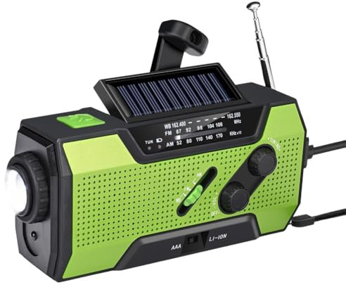 Faeymth Radio Meteorológica de Emergencia con Manivela, Portátil, Carga Solar, Linterna LED Am/FM/, Alerta SOS de 2000 MAh