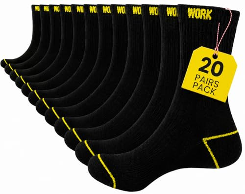 Bodygenix Men's Work Socks - Pack of 20 Breathable Heavy Duty Stretch Fit Reinforced Heel & Toe - Outdoor Multipack Performance Hiking Walking Athletic Boot Socks