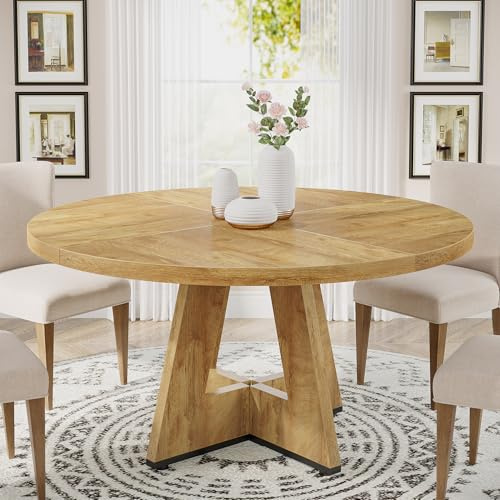 Tribesigns 47 inch Round Dining Table Wood Kitchen Table for Dining Room, 47 Dinner Room Tables for 4-6, Farmhouse Accent Furniture with Wooden Tabletop and Cross Base, Light Wood
