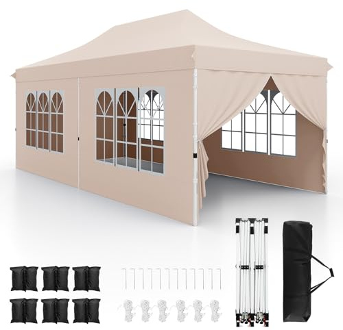 HOMASIS 3x6 M Carpa Plegable, Pop-up Cenador de Jardín Exterior con 6 Paneles Laterales y Ventanas, 3 Alturas Ajustables, Pabellón Gazebo para Bodas, Fiestas (Beige)