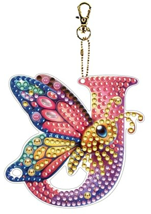 DIY A-Z 26 Buchstaben Diamant Kunst Malerei Schmetterling Schlüsselanhänger, 5D Diamant Kunst Schlüsselanhänger Hängende Ornamente Schmetterling Schlüsselanhänger Anhänger - J