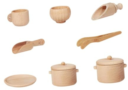 BESTonZON Jouet De Vaisselle en Bois pour Garçon Et Filles, Ensemble 8 Pièces Moyen, Simulation Cuisine Éducative, Jouet pour Développement Moteur, Jeu De Rôle à La Maison