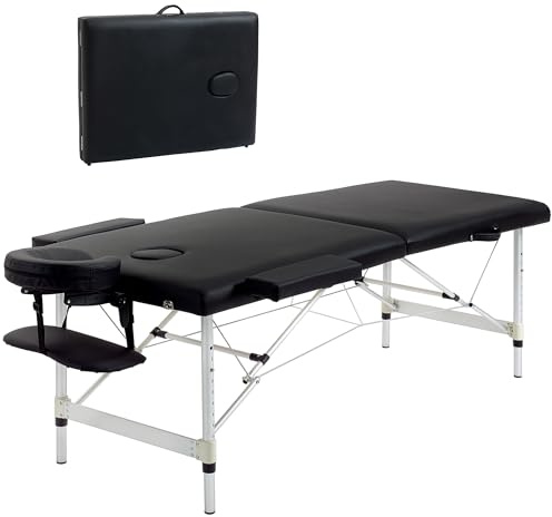 HOMCOM Massageliege, 2 Zonen klappbarer Massagetisch mit Kunstleder, Kopfstütze, Armlehnen, Tasche, höhenverstellbare Massagebank 90cm Breit bis 225 kg belastbar, Schwarz