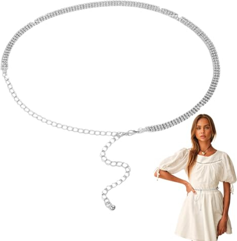 DOKRIN Cinture da donna 1 cintura da donna con strass scintillanti, cintura con catena di cristallo, elegante cintura per abito da sera (argento)