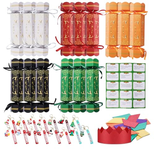 HarnyLoom 15 piezas de petardos navideños con lujosos crackers de Navidad, llavero, gorro, broma y decoraciones para regalos