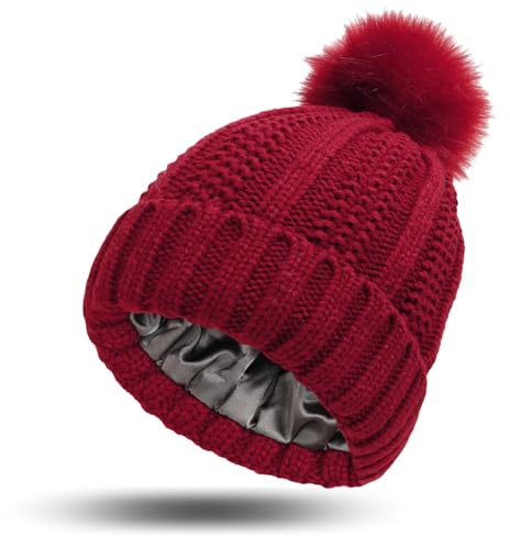 GWAWG mössa satin fodrad varm vinter, pom pom mössa, stickade mössor med fuskpäls pompom för kvinnor flickor, Röd, one size