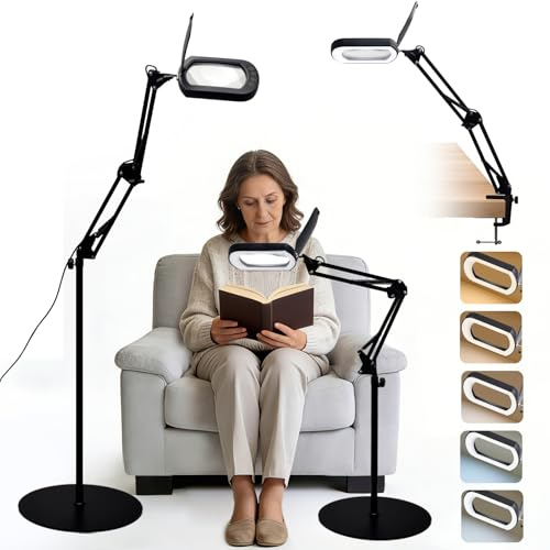 CGBE 10X Lente D‘ingrandimento Illuminata: 5 modalità colore dimmerabili, 3-in-1 Stand lupa con illuminazione con base e morsetto, per hobby, lavori di precisione e riparazioni.