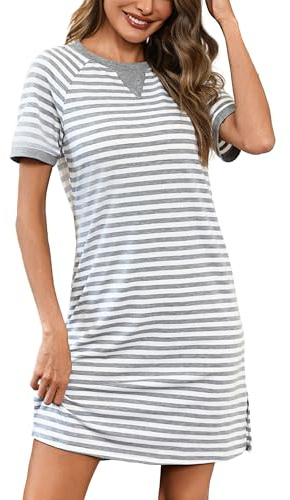 Bresdk Chemise de Nuit Femme Coton Chemises Rayée Vêtements de Nuit Nuisette Femme à Encolure en Dentelle Jolie Été Robe col Rond