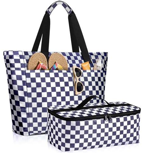 ISEYOU Bolsa Playa con Nevera Separada, Bolsas de Playa Hidrófugo con Compartimento Húmedo, Bolso Grande XXL Familiar Con Cremallera, Plegable, 8 Bolsillos, Adecuada para Piscina, Picnic y Compras