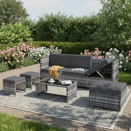 Covigorus 4-6 Seater Rattan Garden Furniture Set, Large Outdoor Lounge Sofa Set with Coffee Table & Stool, Weather-Resistant Patio Seating Group for Garden, Balcony & Patio, Gray