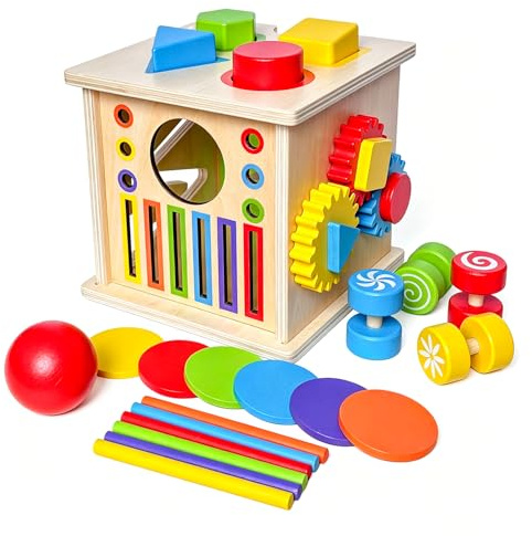 Goujfol Juguete de Madera Montessori para Niños 3+ Años – Cubo Sensorial de 6 Caras para Emparejar Colores y Formas, Juego Educativo para la Motricidad Fina y el Desarrollo Cognitivo