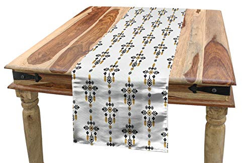 ABAKUHAUS Stammes Tischläufer, Geometrische Aztec Kunst, Esszimmer Küche Rechteckiger Dekorativer Tischläufer, 40 x 180 cm, Bernstein Weiß und Schwarz