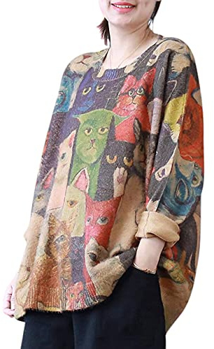 YESNO Women Long Sleeve Jumpers Oversized Graphic Knitted Sweater Crew Neck Loose Vintage Pullover Sweater Tops S01UK