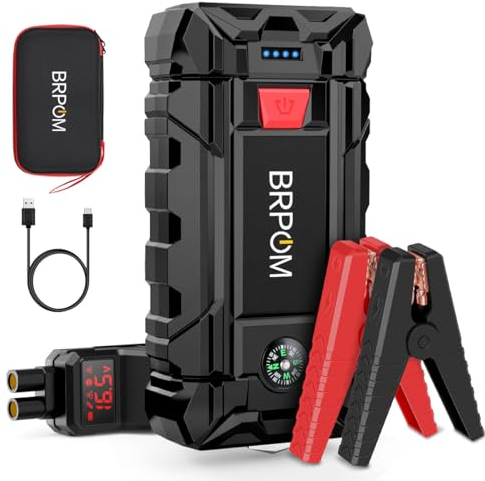 BRPOM Avviatore Batteria Auto, 6000A Avviatore di Emergenza per Auto/Moto, (Motori Fino a 8.0L Gas o 6.5L Diesel) Torcia a LED,Porta USB da per Smartphone