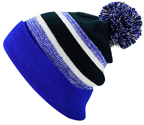 The Hat Depot Kids Cuffed Beanie Knit Stripe Pom Winter Hat (Royal Blue/Black, 2-5yrs)